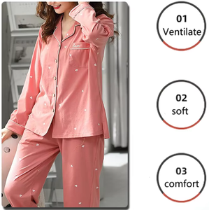 High Quality Large Size Women Cotton Pajamas Button down Tops and <b>Trousers</b> Set Sleepwear Homewear Printing Nightwear Loungewear - Product Image 2