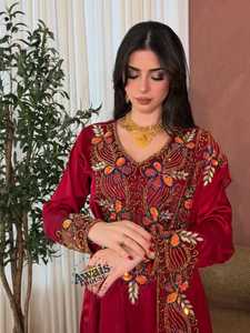 Awais House Women's Red Embroidered Silk Floor Length <b>Kaftan</b> Dress V Neck Long Sleeve Floral Pattern Wedding Elegant Style - Product Image 3