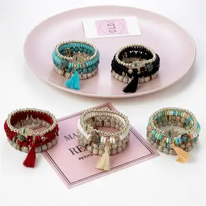 Bestone Hot Selling Fashion Alloy Acrylic Bracelet Tassel Multi-layered Bodhi Bracelet With Charms