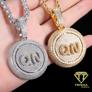 Luxury Iced Out Round Pendant <b>Necklace</b> Custom <b>Initial</b> Letter Pendant Cuban Link Chain Hip Hop Jewelry Gold Plated Rhinestone - Product Image 4