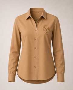 เสื้อเชิ้ตผู้หญิงสีกากี แขนยาว ปิดกระดุม ปักลายที่อก สไตล์เวิร์คแวร์ - Product Image 4