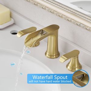 Rubinetto per lavabo bagno da 8 pollici in nichel oro con 3 fori e doppia leva, scarico a scomparsa incluso - Product Image 2