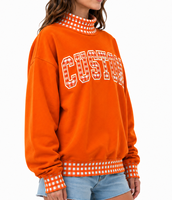 Sweat-shirt universitaire à col montant pour femme, avec logo personnalisé, broderie appliquée, motif gingham, coupe oversize, en molleton de coton doux