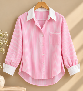 Women's Pink Striped <b>Long</b> Sleeve Button Down Shirt With <b>White</b> Collar And Cuffs Casual Loose Fit Spring Summer Blouse - Product Image 3