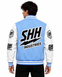 แจ็คเก็ตวาร์ซิตี้แบบกำหนดเองของ SHH INDUSTRIES สำหรับผู้ชาย ปักลายตัวอักษร แจ็คเก็ตเบสบอลทรงบอมเบอร์ แขนสีขาว สไตล์วิทยาลัย สตรีทแวร์ - Product Image 4