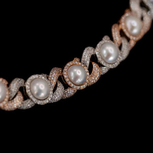 Collar llamativo de plata S925 chapado en oro rosa con perla de agua salada y moissanita, cadena de eslabones con corte brillante redondo - Product Image 3