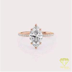 Anillo de compromiso de moissanita con corte marquesa en oro amarillo con banda pavé, anillo de promesa nupcial clásico solitario - Product Image 6