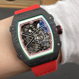 Reloj Mecánico de Lujo Rojo Ultrafino de Fibra de Carbono con Forma de Barril, Esqueletizado, Cristal de Zafiro, Resistente al Agua para Hombre - Product Image 3