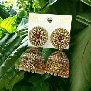 Pendientes Jhumka chapados en oro antiguo indio al por mayor, joyería étnica nupcial de templo, Jhumki para mujer, joyería tradicional para fiesta - Product Image 2