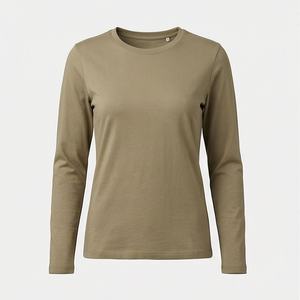 เสื้อยืดคอกลมแขนยาวสีตามสั่งสำหรับผู้หญิง ผ้าฝ้ายออร์แกนิคหรูหรา ผ่านการซักก่อนส่งมอบ มาตรฐาน GOTS เนื้อผ้านุ่มพิเศษ ทรงคลาสสิก - Product Image 1