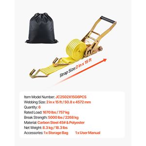 Cinghie a cricchetto per carichi pesanti 2 x 15 piedi con doppio gancio a J, resistenza alla rottura 5000 libbre, borsa per il trasporto, E-Track per il fissaggio, certificazione GS - Product Image 6