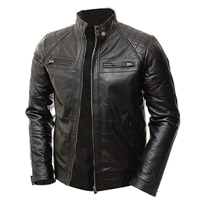 Blouson moto en cuir de vachette pour homme, imprimé animal, col carré, fermeture éclair, coupe ajustée, coupe-vent hiver, logo frontal, doublure en soie - Product Image 5
