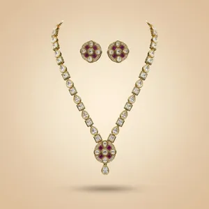 Ensemble de colliers en or plaqué or, perles Kundan et strass faits à la main pour femmes, bijoux ethniques traditionnels indiens pour mariage, vente en gros - Product Image 6