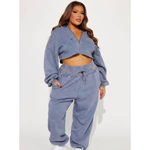 Ensemble de survêtement vintage pour femme, coupe courte, avec sweat à capuche et pantalon évasé, effet délavé à l'acide, pour l'hiver, vente en gros - Product Image 5