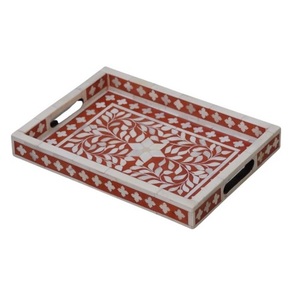 Bandeja Decorativa de Lujo con Incrustaciones de Hueso Rojo Coral Estilo Boho, Bandeja de Resina y Mosaico de Hueso para Mesa de Centro y Tocador - Product Image 1