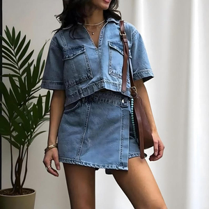 Ensemble en jean sur mesure OEM, coupe ajustée, vente en gros, crop top en jean, mini-jupe, ensemble jupe en jean pour femme - Product Image 5