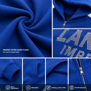 Sweat à capuche zippé personnalisé bleu avec strass pour hommes et femmes, style streetwear oversize, imprimé lettres en cristal, vente en gros - Product Image 5