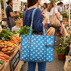 Bolsa de Mano Grande Acolchada de Algodón con Estampado Floral Azul, Bolso de Hombro para Mujer, Ecológico, Reutilizable, para Compras - Product Image 5