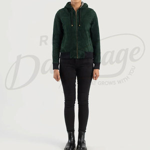 Women Emerald Green Genuine <b>Suede</b> Leather Hooded Bomber <b>Jacket</b> Slim Fit Premium Goat <b>Suede</b> Casual Winter Outerwear Fashionable - Product Image 3