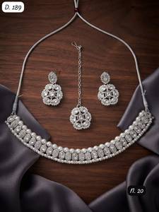 Premium <b>Silver</b> Tone Pearl Border <b>Choker</b> Necklace Set with Earrings and Maang Tikka Elegant Bridal Wedding Jewelry Set For Women - Product Image 3