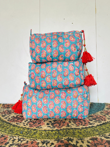 Set Of 3 Cotton Quilted Makeup Bag & Organizer, Cotton Toiletry <b>Case</b>, Travel Bag, Indian Block Print Makeup - Product Image 1