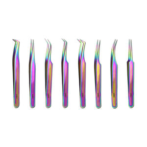 Ensemble de pinces à sourcils professionnelles UBI Pack 8 Rainbow, luxe, pointues, en acier haute teneur en carbone, durables, pour cils 3D 6D, avec étui - Product Image 1