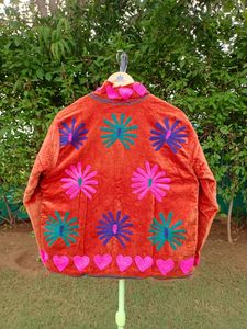 <b>Velvet</b> Bomber <b>Jacket</b> With Pink Heart And Floral Hand Embroidery For <b>Men</b> Women Winter Outerwear - Product Image 6