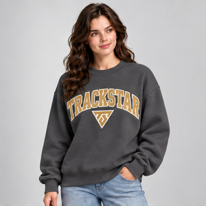 Women's Charcoal Solid Color Varsity Letter <b>Crewneck</b> Sweatshirt Long Sleeve Custom Logo - Product Image 4