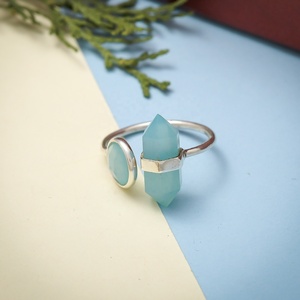 Natural Aqua Chalcedony 925 Sterling Silver Open Cuff <b>Ring</b> Double Stone Geometric <b>Crystal</b> Statement Jewelry Wholesale - Product Image 1