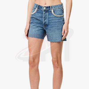 Shorts en jean délavé taille haute pour femme, coupe droite décontractée, avec poches, en coton bleu uni, idéal pour l'été - Product Image 1
