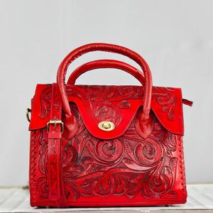 Bolso de Mano de Cuero Rojo de Lujo con Estampado Floral, Cierre de Cremallera, Diseño Duradero - Product Image 1