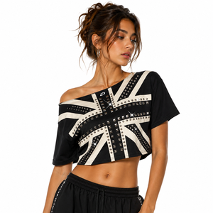 Y2K street Wholesale Luxury Studded Flag Print Oversized Crop Tee Women Custom Streetwear Y2K Fashion Top OEM Women's Shirts USA - Product Image 1