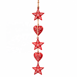 Winter Whimsy Red Metal Hanging Chain with Starburst and Heart Charms White Decorative <b>Artwork</b> and Natural Hemp Cord - Product Image 1