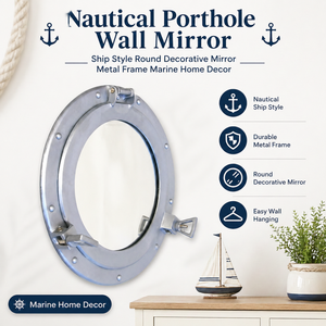 Nautical Porthole Wall Mirror | Ship Style Round Decorative Mirror | Metal <b>Frame</b> Marine Home Decor Wall Hanging Accent Mirror - Product Image 3