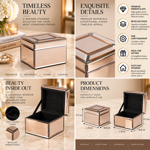 Rose Gold <b>Mirrored</b> Glass Jewelry <b>Storage</b> Box <b>with</b> Beveled Edges Glossy Finish Soft Lining Decorative Keepsake Organizer - Product Image 6
