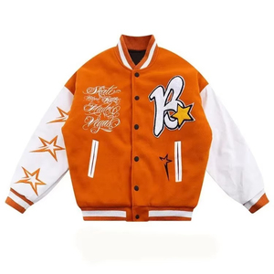 Men's Orange Varsity <b>Jacket</b> With Embroidered Letter K And <b>Stars</b> Turn-down Collar Regular Fit Autumn Wear - Product Image 1