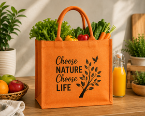 Bolsa de Compras de Yute Grande Naranja con Diseño de Hojas para Compras, Elegir la Naturaleza, Elegir la Vida - Product Image 1