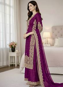 Salwar Kameez traditionnel indien pakistanais pour femmes, brodé de violettes, longueur au sol, avec dupatta, pour les occasions de mariage - Product Image 3
