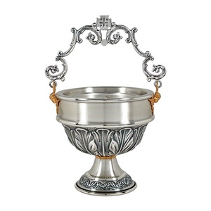 Magnifique pot à eau bénite en métal, design rond avec poignées en forme d'ange, finition durable, utilisation sur table, fait main, pour église, décoration intérieure argentée. - Product Image 3
