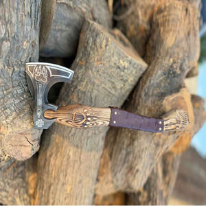 Traditional Industrial Grade <b>Viking</b> Nordic <b>Axe</b> Decorative Design Rune Engraved Carbon Steel Blade Wooden Grip Display Piece - Product Image 2