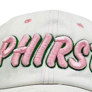 White Distressed Denim Baseball <b>Cap</b> with Pink Chenille Letter Patch Adjustable <b>Vintage</b> Casual Outdoor Fashion Unisex Hat Wear - Product Image 2