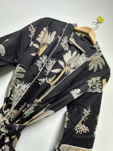 Tropical Cotton Eco-Friendly Ankle-Length Natural Waist Kimono Robe V-neck Beach Cover Vacation Lightweight Women <b>Dress</b> Poolside - Product Image 5