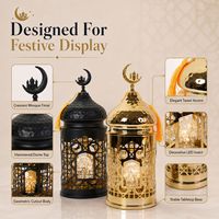 Lanterne en métal Ramadan en gros avec motif croissant de lune et mosquée, et lumière LED pour la décoration de table et de maison pour l'Aïd Moubarak