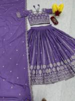 VISHNU K DESIGNS LAHENGA CHOLI DUPATTA VINTAGE POUR FÊTE EN SOIE CRÊPE PURE AVEC BRODERIE DE PAILLETTES LOURDES DE 7 MM, LONGUEUR PLIANTES, TAILLE REGULIÈRE