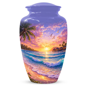 Aluminum Cremation Urn Beach Sunset Print Memorial <b>Keepsake</b> Vessel for Adult <b>Ashes</b> Decorative Funeral Use - Product Image 1