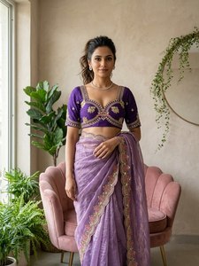 <b>Purple</b> Silk <b>Saree</b> Embroidered Floral Traditional Wedding Sari for Women Party Dress - Product Image 5