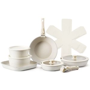 Set pentole e padelle da cucina a induzione antiaderente in granito bianco da 17 pezzi - Product Image 1