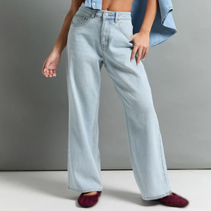 Jeans de mezclilla elásticos y transpirables para mujer, de cintura media, corte recto, con lazo, proveedor mayorista de ropa, exportación de fábrica - Product Image 5