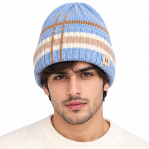 Wholesale Stretch Acrylic Knit Beanies Custom Contrast Stripe Pattern Folded Cuff Logo Patch Winter Cap Unisex <b>Warm</b> Fashion <b>Hats</b> - Product Image 1