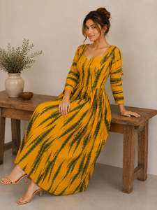Vestido Maxi de Alta Calidad con Corte Evase, Kurti Largo, Manga 3/4, Espalda con Lazos, Color Amarillo, Cuello Corazón, Estampado Shibori Tie Dye, Ropa de Mujer - Product Image 6